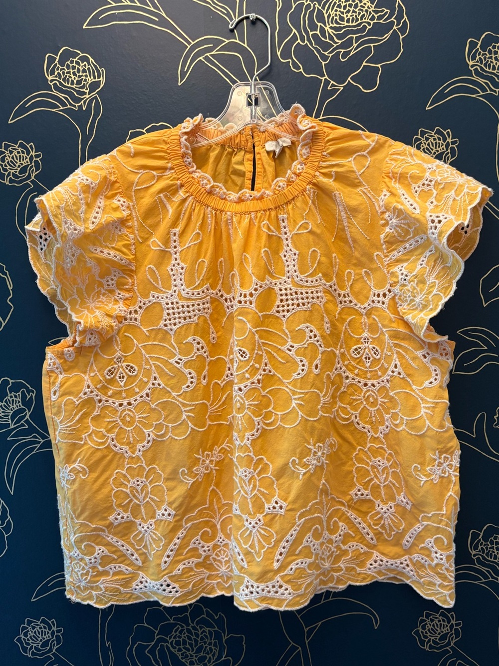 ANTHROPOLOGIE Jennifer & Grace ETELET lace FLUTTER SLEEVE top COTTON yellow XL